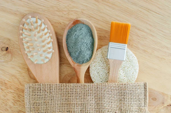 Wooden Hairbrush Spoon Blue Bentonite Clay Powder Make Brush Loofah — Stock Photo, Image