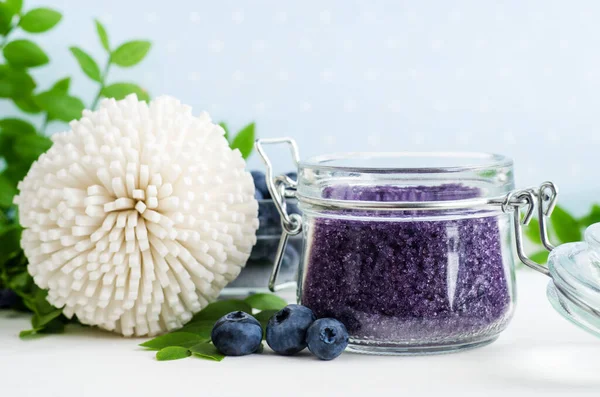 Homemade Blueberry Exfoliating Sugar Scrub Foot Soak Bath Salt Glass — Stock Photo, Image