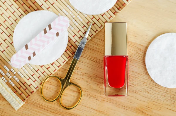 Bottle Red Nail Polish Scissors Nail File Cotton Pads Nail — Stock Photo, Image