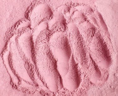 Açık pembe bentonit kil tozu dokusu. Yüz maskesi ve vücut ambalajı tarifi. Doğal güzellik tedavisi ve spa. Seçici odak.