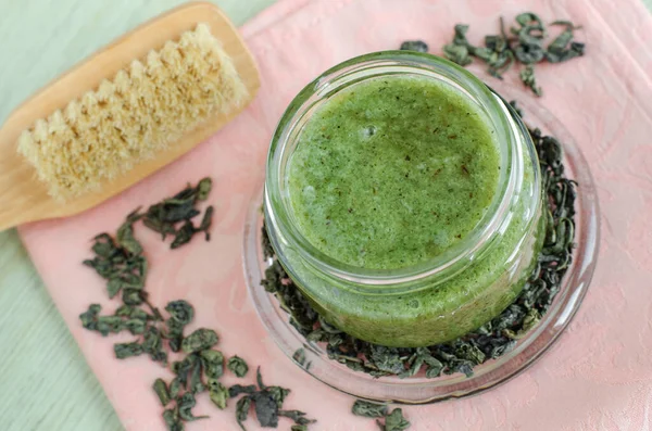 Zelfgemaakte Natuurlijke Masker Scrub Voet Weken Met Zeezout Olijfolie Groene — Stockfoto