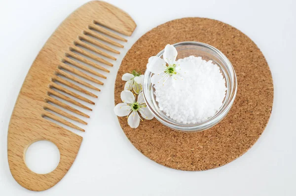 Small Glass Bowl Epsom Bath Salts Foot Soak Wooden Hair — Stock Photo, Image