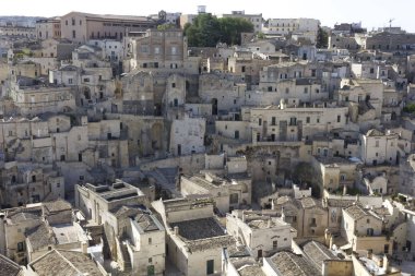 Matera, İtalya - 25 Ağustos 2017: Matera cityscape, tarihi sassi ilçe ortaçağdan kalma şehir