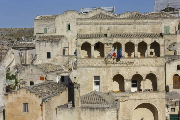 Matera Italia Agosto 2017 Palazzo Storico Matera Con Testo Matera — Foto Stock