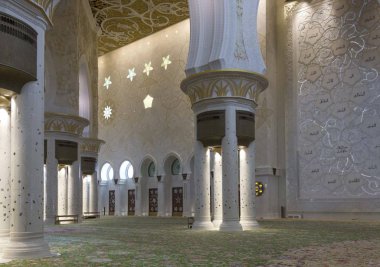 ABU DHABI, UAE - DECEMBER 28 2017: Majestic interiors of the great mosque of Abu Dhabi