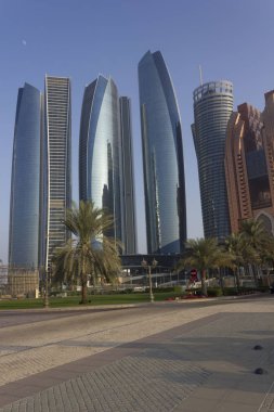 ABU DHABI, UAE - DECEMBER 28 2017: etihad towers modern skyscrapers in Abu Dhabi at sunset light