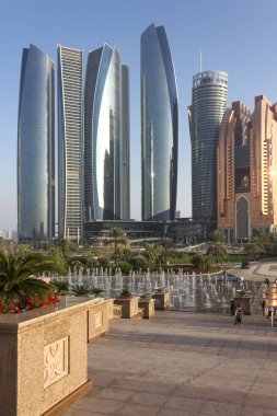 ABU DHABI, UAE - DECEMBER 28 2017: View of Etihad Towers from emirates Palace