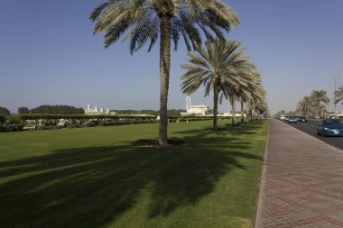 DUBAI, UAE- DECEMBER 29 2017: Green promenade in Dubai along the main road