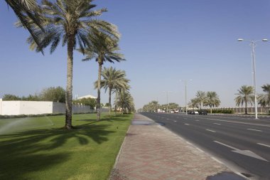 DUBAI, UAE- DECEMBER 29 2017: Green promenade in Dubai along the main road