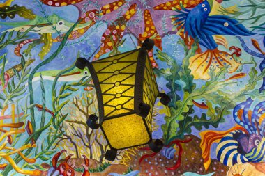 DUBAI, UAE - DECEMBER 30 2017: Mural artwork on the ceiling of the Atlantis the Palm in Dubai