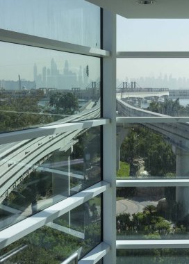 DUBAI, UAE - DECEMBER 30 2017: Dubai monorail station, looking at the city downtown