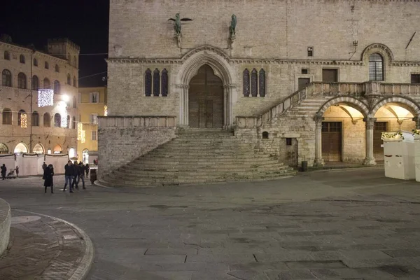 Perugia Olaszország December 2016 Palazzo Dei Priori Történelmi Épületének Éjszakai — Stock Fotó