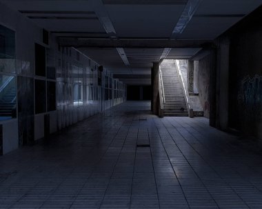 Işıklı merdivenleri olan şehir karanlık koridoru.