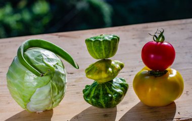 farklı mevsimlik sebzelerin ahşap arka plandaki eğlenceli kompozisyonu