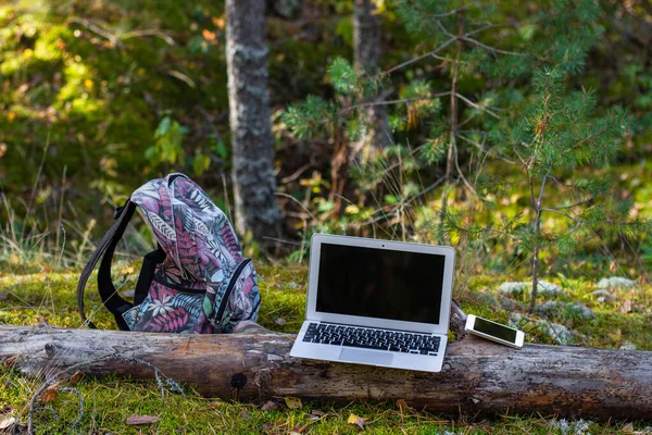 laptop and cell phone and tourist backpack in forest. mobile internet for business travel
