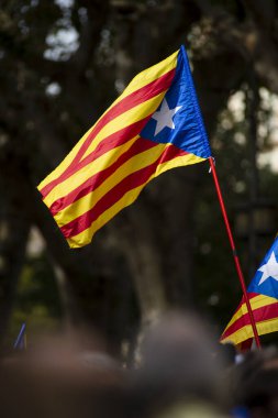 18 Ekim 2019 Rakamlar, İspanya. Göstericiler Katalonya grevi sırasında Figueres Rambla 'da toplandılar. Protestolar, Anayasa Mahkemesi 'nin Katalan bağımsızlık yanlısı liderine verdiği 13 yıla varan hapis cezalarına tepki olarak başladı.