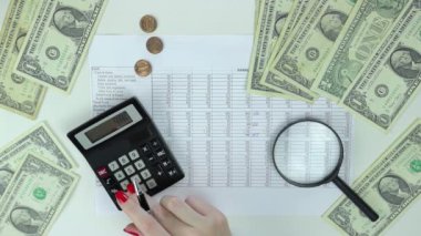 Kadın bir hesap makinesi kullanır ve gider listesine sonuçları yazar