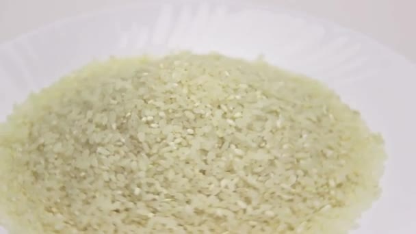 Pile de riz blanc non cuit tourne sur un plat blanc sur un fond blanc — Video