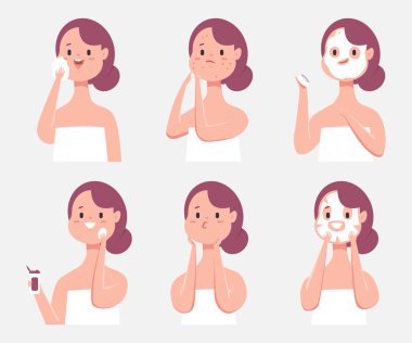 Beyaz arka planda izole edilmiş şirin kız karakterleriyle yüz bakımı vektör çizimi.