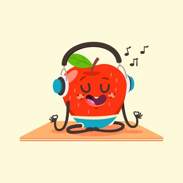 Yoga pozunda şirin bir Apple çocuğu. Arka planda izole edilmiş kulaklıklı komik vektör karikatür meyvesi karakteri. Sağlıklı beslenmek ve zindelik.