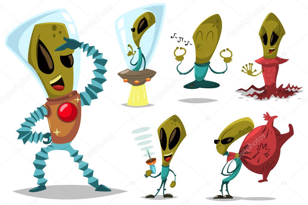 Funny green alien vector cartoon set. Cute extraterrestrial monsters character collection on UFO, in robot costume, with laser in hand and others. Illustration isolated on white background.