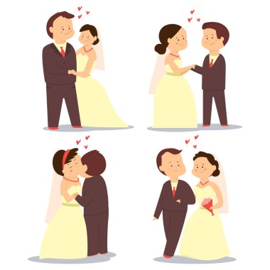 Tatlı gelin ve damat vektör çizgi film karakterleri ayarlandı.