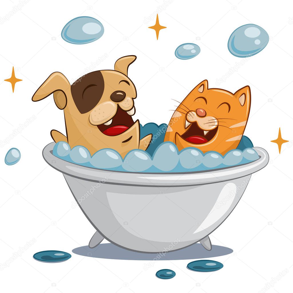 Pet grooming and spa. Dog and cat care. Animal in bath with soap bubbles. Funny cartoon illustration isolated on white background.