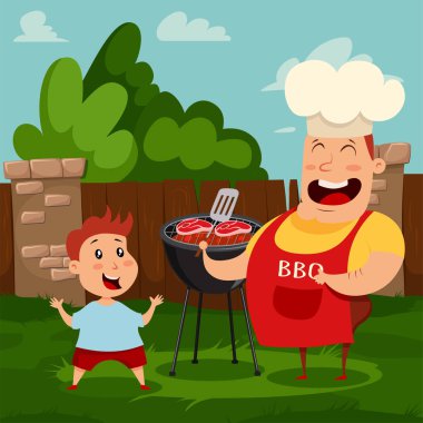 Baba ve oğul arka bahçede ızgara biftek pişiriyorlar. - Ne? Mutlu baba ve bebeğin vektör karikatür çizimi.