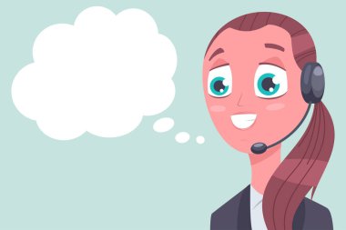 Mikrofon ve konuşma balonuyla kulaklık takmış bir kız çağrı merkezi operatörü. Arka planda izole edilmiş müşteri desteği vektör karikatürü karakteri.