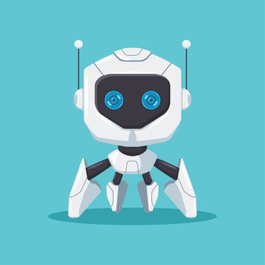 Mavi gözlü ve antenli sevimli bir robot. Arkaplanda izole edilmiş vektör düz çizgi film karakteri.