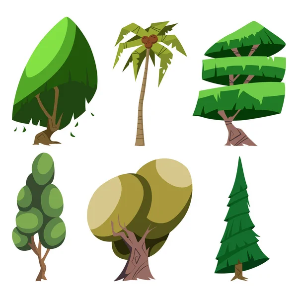 Cartoon Bomen Van Verschillende Rassen Set Palm Eik Boom Anderen — Stockvector