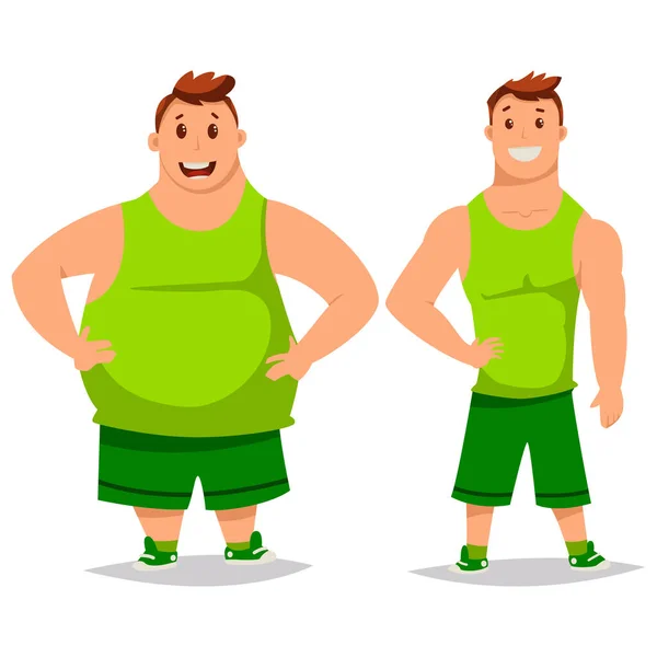 Vet Slank Man Voor Gewichtsverlies Dieet Fitness Cartoon Vector Illustratie — Stockvector