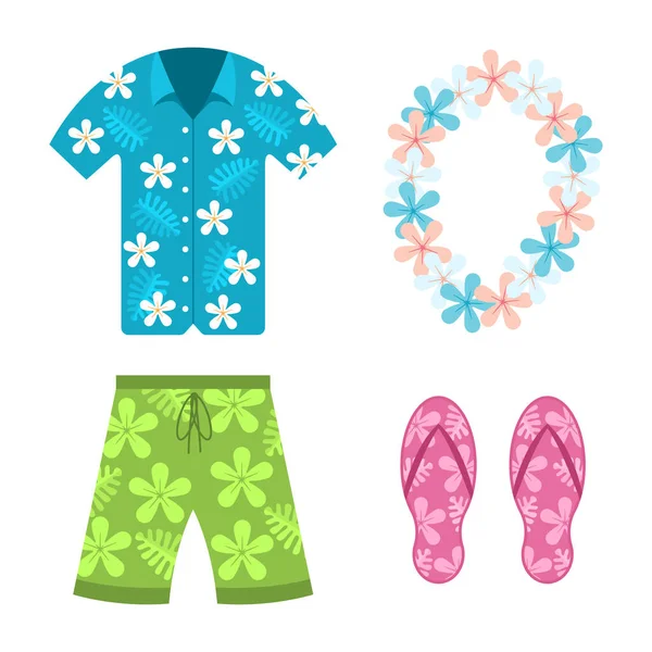 Camisa Hawaiana Pantalones Cortos Playa Verano Collar Flores Chanclas Vector — Vector de stock