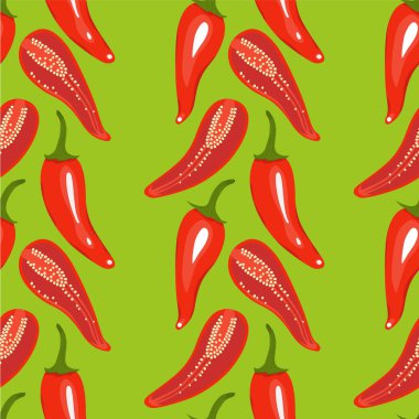 Kırmızı kırmızı biberli, dikişsiz desen. Yeşil arkaplanda izole edilmiş renkli biberler.