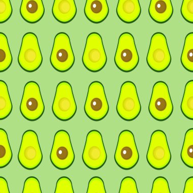 Yeşil arka planda Avokado vektörsüz desen. Gerçekçi vektör avokadoları. Avokadoyu tamamen kes.