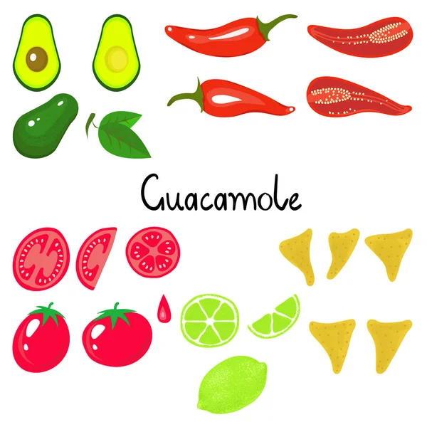 Zöldséggyűjtemény Guacamole Összetevők Beállítva Növényi Készlet Izolált Fehér Alapon — Stock Vector