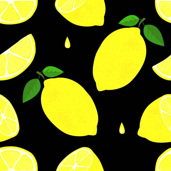 Motivo Senza Cuciture Limone Limoni Gialli Interi Affettati Fondo Nero — Vettoriale Stock