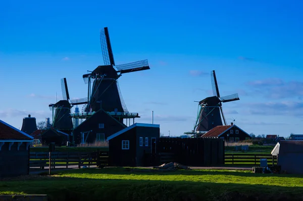 Mystic sceny z powietrza młyn w Zaanse Schans, Holandii, Europy bac — Zdjęcie stockowe