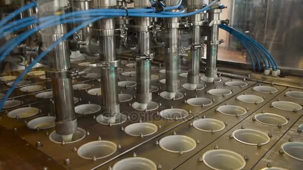 O processo de despejar iogurte em um recipiente de plástico em uma fábrica de laticínios — Vídeo de Stock