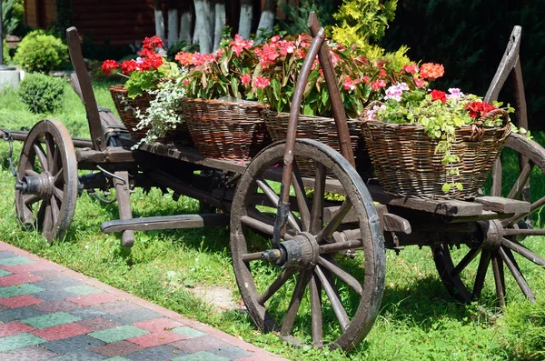 Baskets of flowers on ancient peasant cart on a sunny day