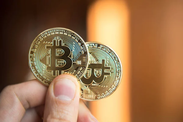 Två bitcoins i hand (investeringar, jagaändringen, rise, minskad, — Stockfoto