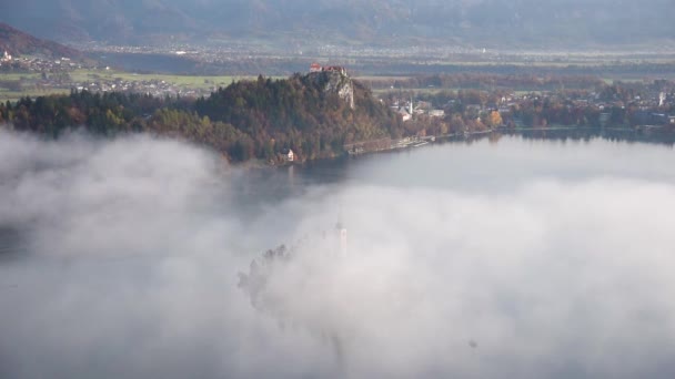 Picturesque Views Island Lake Bled Morning Fog Scene Osojnica Viewing — Stock Video