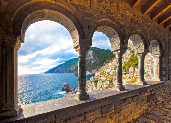 Magical sea view through the castle and gothic Church of St. Pet Royalty Free Stock Images