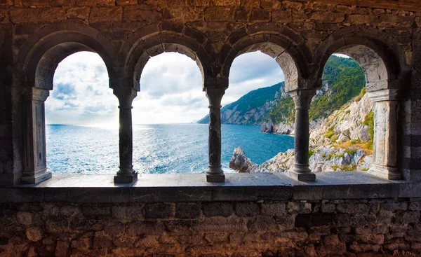 Magical sea view through the castle and gothic Church of St. Pet Royalty Free Stock Photos