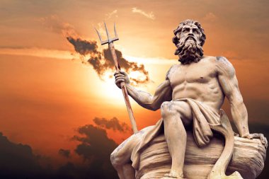 Abstract image with statue of ancient god Neptune with trident.  clipart