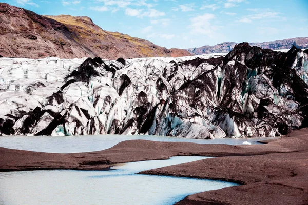 Charmant Paysage Magnifique Avec Glacier Dans Suie Volcanique Solheimajokull Lagune — Photo