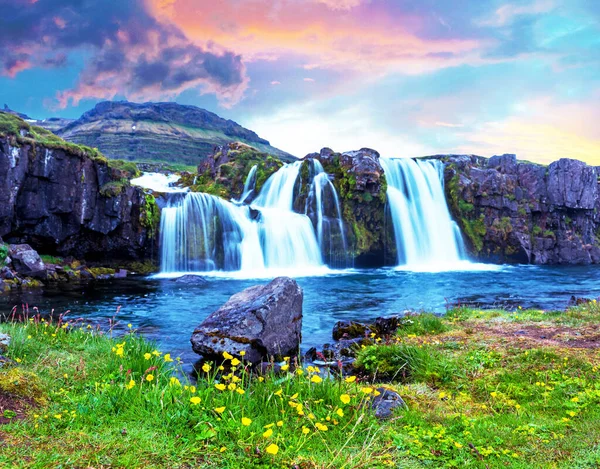 Ужасный Пейзаж Желтыми Цветами Большим Камнем Возле Водопада Киркьюсолл Исландии — стоковое фото