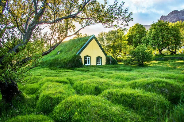 Charmante Mystische Szene Mit Rasendachkirche Mit Fenstern Und Friedhof Mit — Stockfoto