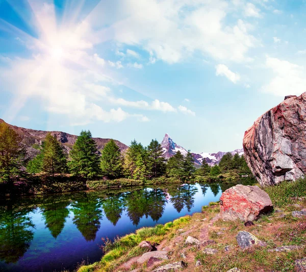 Magical Beautiful Landscape Big Rock Lake Fir Trees Background Matterhorn — Stock Photo, Image