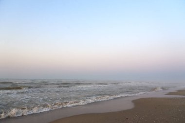 Sabah erkenden, deniz kıyısı, alçak dalgalar, deniz kabukları, sahil